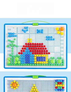 Detail of DIY mushroom nail puzzle showing creative house and sun pattern building