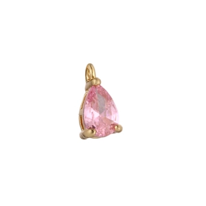 Close-up of gold-plated copper drop pendant featuring a pear-cut pink zircon stone inlay