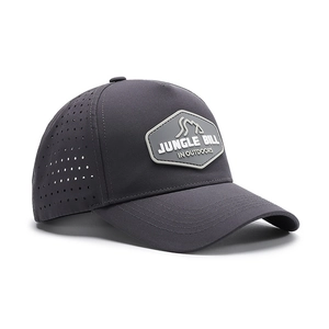 Dark grey breathable baseball cap with laser-cut vents and hexagonal outdoor logo patch