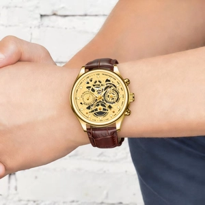 Classic WOKAI men's quartz watch with gold skeleton dial and brown leather strap
