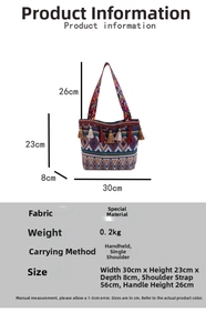 Detailed dimensions of the bohemian woven tote bag with colorful tassels and patterns