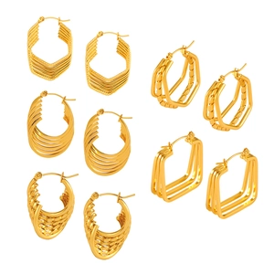 Five-pair set of geometric gold titanium steel layered earrings in multiple shapes