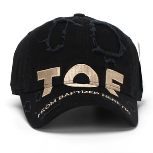 Distressed black baseball cap with 3D gold TOF embroidery and vintage worn details