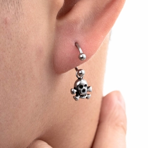Punk style silver titanium steel skull dangle earring for men and women on ear