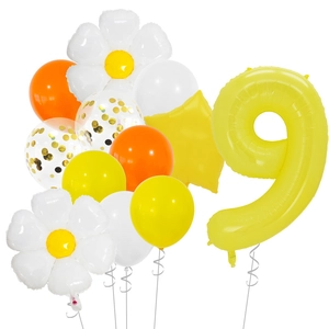 Detail of daisy flower foil balloon with number 9 and colorful latex party balloon set