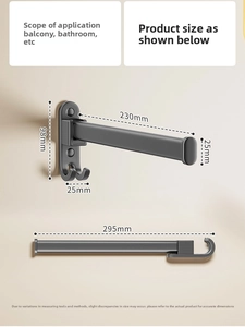 Detail view of foldable matte black wall-mounted hanger rack with precise dimensions