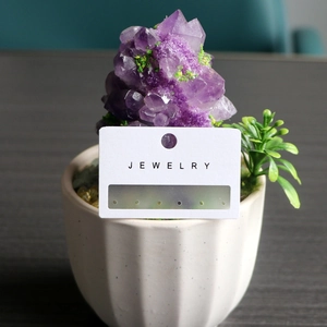 Macro detail of purple amethyst crystal cluster in white ceramic pot with jewelry card