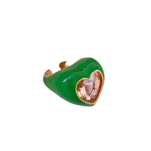 Green drip oil heart ring with champagne pink gemstone inlay in a minimalist design