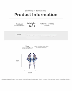 Détails de boucles d'oreilles vintage avec zircons bleus et violets, 8 cm de long
