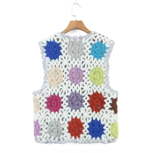 Gilet sans manches en crochet fait main pour femmes avec motifs circulaires bohèmes colorés