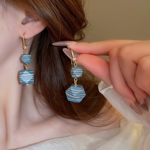 Retro geometric blue beads earrings with gold stripes and sparkling zircon hooks