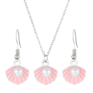 Pink shell jewelry set with necklace and earrings featuring white pearls in silver frame