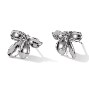 Silver flower stud earrings with zirconia center, elegant metallic finish for women