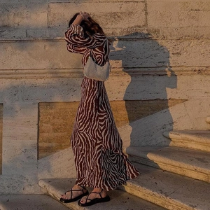 Detail of long-sleeved zebra print maxi dress with silver clutch in outdoor sunlight
