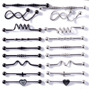 18 pieces of black and silver industrial barbells in various heart and cross designs