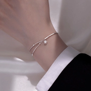 Minimalist double-layer silver star charm bracelet and bangle set for elegant women