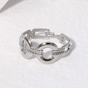 Minimalist silver stainless steel open ring with interlocking chain link design
