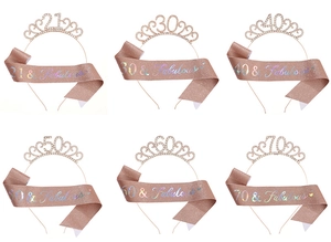 Detail of rose gold birthday party set including rhinestone tiara and glitter sash for ages 21-70