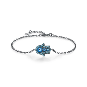 S925 Sterling Silver Evil Eye Hamsa Hand Bracelet with a sleek black chain finish