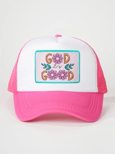 Detail of God is Good embroidery on a pink and white mesh trucker hat with curved brim