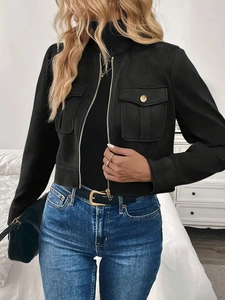Women's vintage black faux suede jacket with gold buttons and stand collar