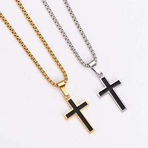 Polished stainless steel cross pendant necklaces in gold and silver with box chains