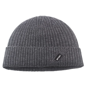 Classic dark grey double-layer wool knit beanie featuring ribbed texture and SPORT tag