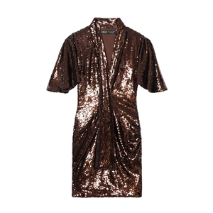 Vestito Mini Con Paillettes Scollo A V Maniche Corte Arricciato Aderente Festa Sera Per Donne Elegante Luccicante