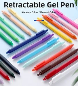 Flat lay of colorful retractable gel pens in Macaron and Morandi matte plastic finishes