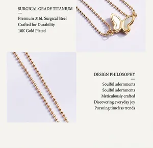 Detail of butterfly pendant in surgical steel with 18K gold plating and bead chain