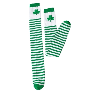 Detail of green and white striped Saint Patrick's Day socks with clover pattern and knits