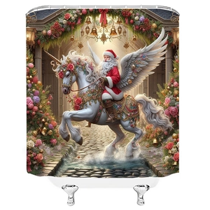 Christmas shower curtain featuring Santa on a winged unicorn through a floral archway