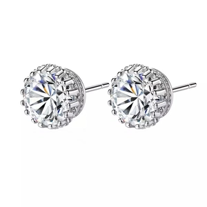 Silver crown-set stud earrings with round-cut sparkling cubic zirconia stones