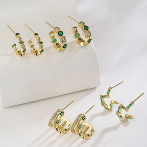 Geometric Earrings 18K Gold Plated Copper With Green Zircon And White Rhinestone Elegant Fashion Jewelry For Women