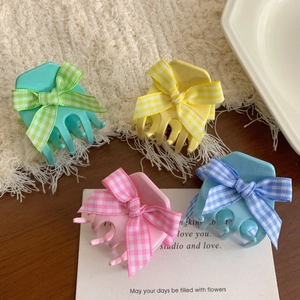 Women Ribbon Bow Hair Claw Acetate Checkered Gingham Hair Clip Cute Pastel Small Hair Accessories For Daily Casual Decoration