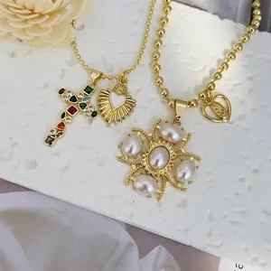 18K gold plated necklaces featuring zircon cross, heart charms and pearl pendants