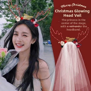 Luminous Christmas reindeer antler headband with white lace veil and LED festive lighting