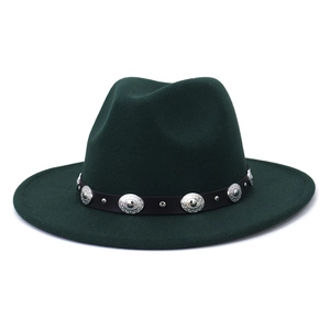 Detail of dark green wool fedora with black leather belt and silver metal hardware accents