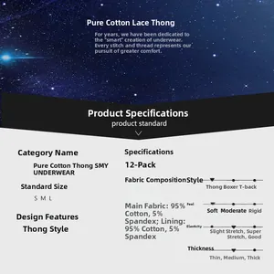 Detailed size chart and material specs for cotton lace briefs with 95% cotton composition