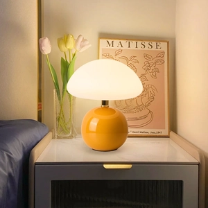 Mushroom Table Lamp Ceramic Base Plastic Shade Nordic Vintage LED Night Light Eye Protection For Bedroom Bedside Creamy Style