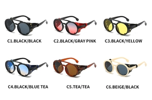 Six colors of retro steampunk round sunglasses with leather side shields in a matrix grid
