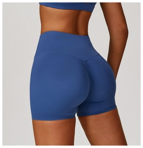 Rear view of high-waisted royal blue yoga shorts with lifting seam for women