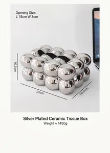 Detail view of silver plated ceramic tissue box with bubble ball design and dimensions
