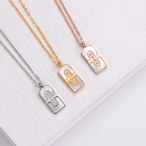 Stainless Steel Mother Of Artificial Pearl Pendant Necklace Geometric Rectangular Charm For Women Elegant Cubic Zirconia Jewelry