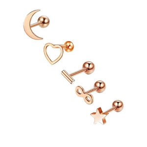 Set of 5 rose gold stainless steel earrings featuring moon, heart, and star geometric studs