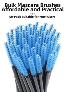 Detailed close-up of 50pcs disposable sky blue nylon mascara wands with black handles
