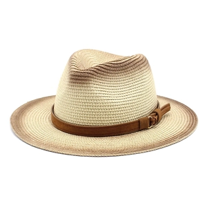 Detail of hand-woven straw fedora featuring a gradient finish and dark brown suede band