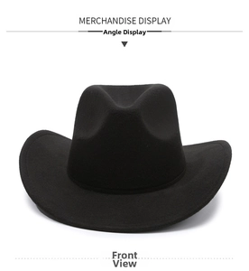 Front view of a black wool felt western cowboy hat with a classic pinched crown and wide brim