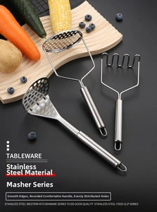 Three-piece stainless steel potato masher set with round, grid, and wavy mash plates
