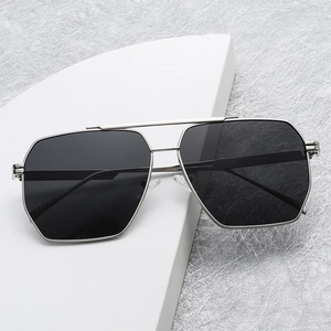 Modern double bridge polarized sunglasses with silver metal frame and dark gray lenses